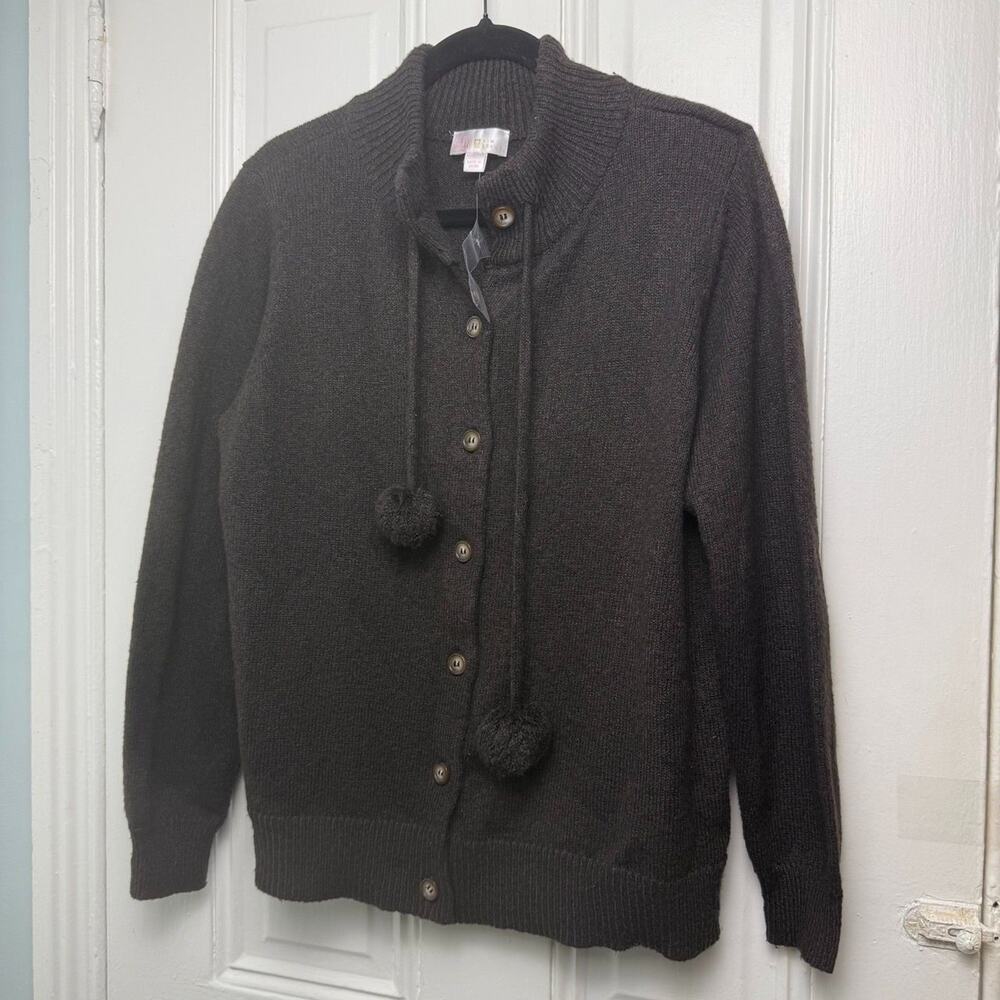 Belle Kim Gravel Pom Pom Cardigan Sweater Womens Medium Chocolate Brown NWOT